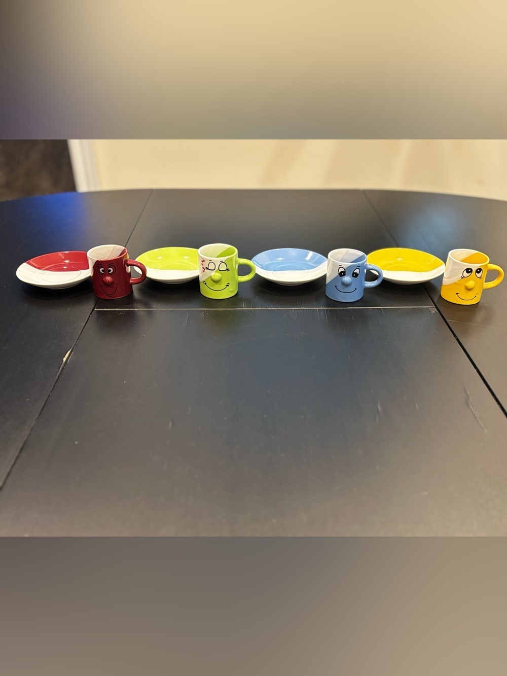 Set of 4 Smiley Espresso Cups and Saucers - Red, Lime, Blue, Yellow 2”
